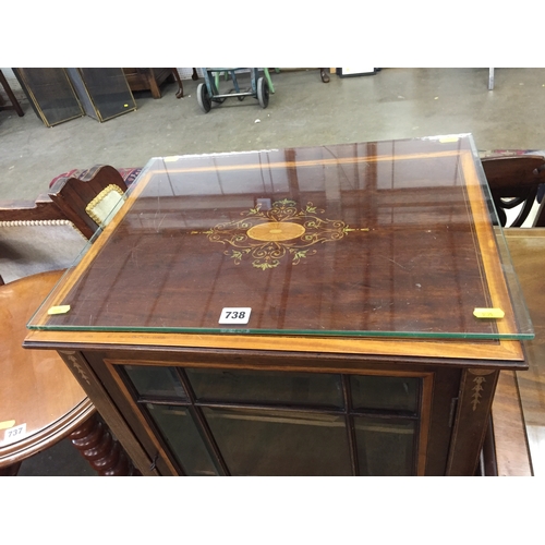 738 - LATE VICTORIAN INLAID MAHOGANY DISPLAY CABINET FITTED 2 SHELVES ENCLOSED BY BEVELLED GLASS LATTICE D... 