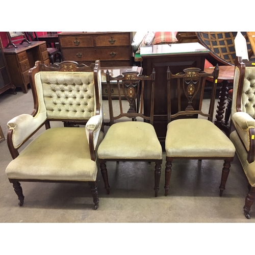 740 - LATE VICTORIAN INLAID ROSEWOOD SALON SUITE COMPRISING 2 SEATER SETTEE, 4 CHAIRS, 2 ARMCHAIRS AND NUR... 