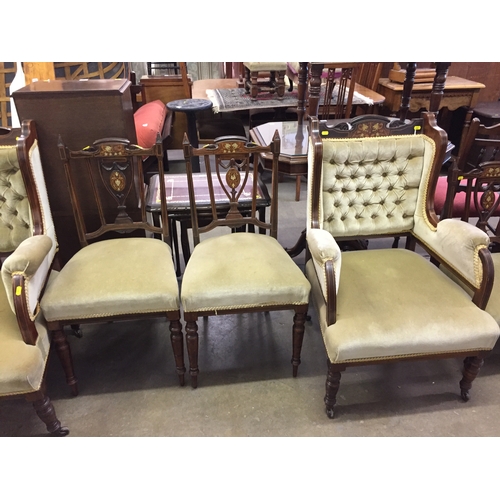 740 - LATE VICTORIAN INLAID ROSEWOOD SALON SUITE COMPRISING 2 SEATER SETTEE, 4 CHAIRS, 2 ARMCHAIRS AND NUR... 