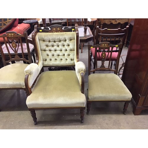 740 - LATE VICTORIAN INLAID ROSEWOOD SALON SUITE COMPRISING 2 SEATER SETTEE, 4 CHAIRS, 2 ARMCHAIRS AND NUR... 