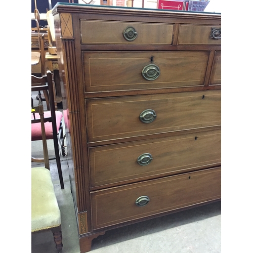 742 - 19TH CENTURY INLAID MAHOGANY CHEST OF 8 DRAWERS, DROP BRASS HANDLES AND OVAL ESCUTCHEONS, ON BRACKET... 