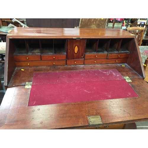 685 - GEORGIAN MAHOGANY BUREAU FITTED INTERIOR DRAWERS AND PIGEON HOLES, FALL FLAP, 4 DRAWERS UNDER, DROP ... 