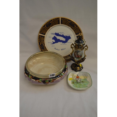 100 - CONTINENTAL 2 HANDLED VASE, DAVENPORT RUTLAND HUNTING DISH, RUTLAND WATER PLATE AND SILVA FRUIT BOWL