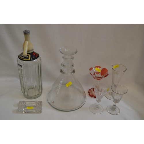113 - 18TH CENTURY ALE GLASS, 2 19TH CENTURY GLASES, SODA SYPHON, SHIP DECANTER AND RUBY TINTED VASE