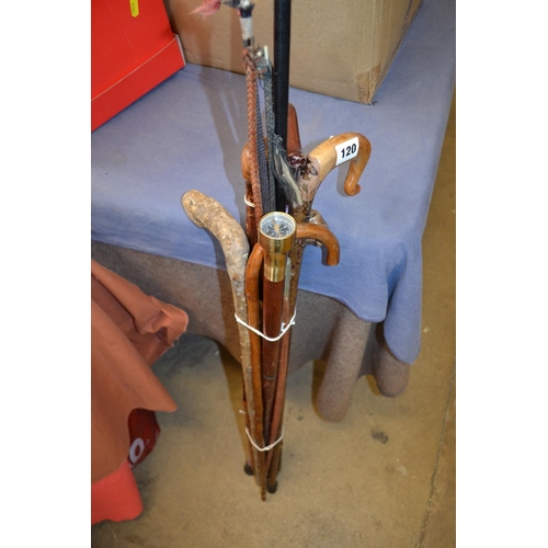 120 - COMPASS TOP WALKING CANE, COACHING WHIPS (A/F) AND WALKING STICKS