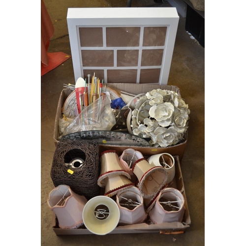 122 - 2 BOXES OF SUNDRY ITEMS, LAMPSHADES AND WALL CABINET
