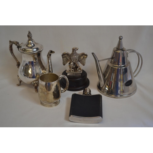 124 - SILVER PLATED TEAPOT, HIP FLASK, ETC