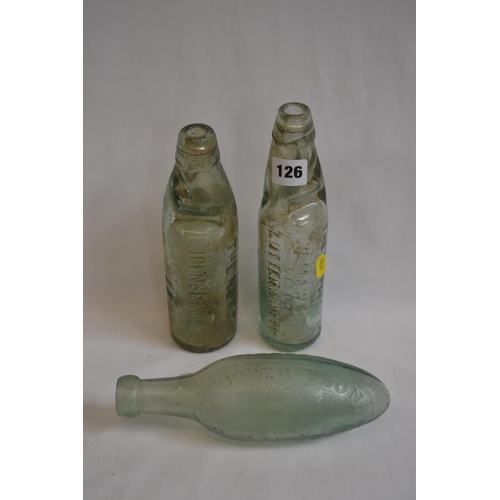 126 - OLD LEICESTER CODD BOTTLE, LEMONADE BOTTLE WITH MARBLE, MAWSON LUTTERWORTH AND LEMONADE BOTTLE 