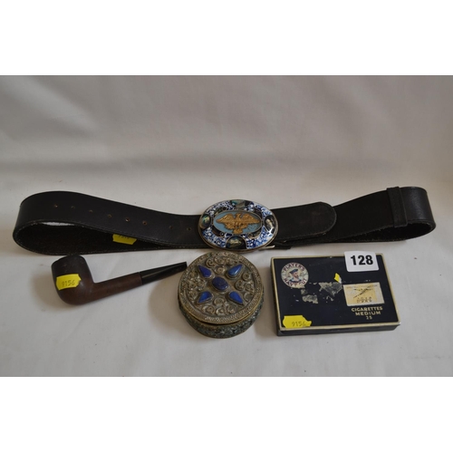 128 - OLD PLAYERS NAVY CUT CIGARETTE TIN, INDIAN BRASS TRINKET BOX AND LEATHER BELT