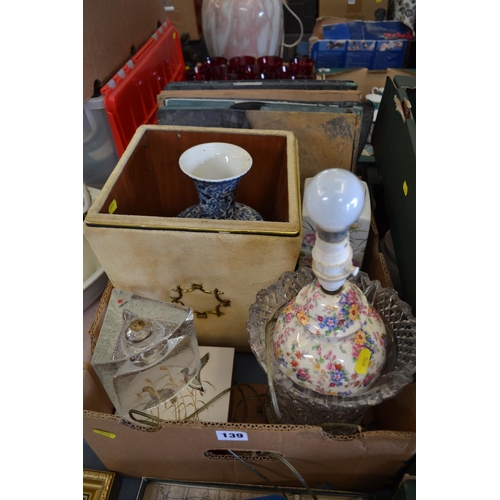 139 - HERNER GLASS OIL AMP, FLORAL CHINA TABLE LAMP, VASES, WASTE PAPER BIN AND 78 RECORDS