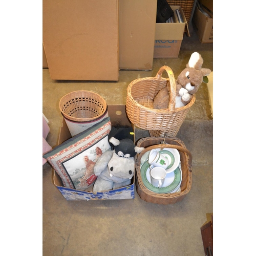 278 - BOX OF BASKETS, SOFT TOYS, ETC