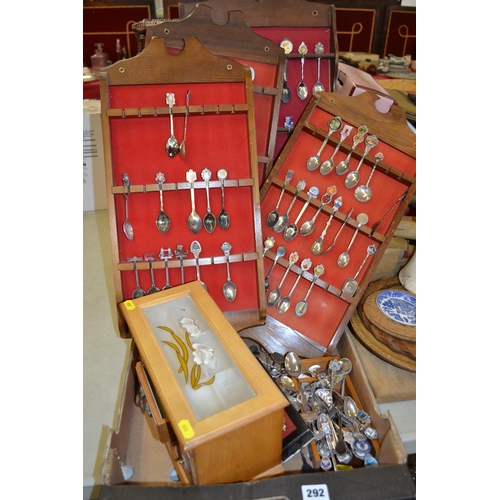 292 - BOX OF SOUVENIR SPOONS AND RACKS
