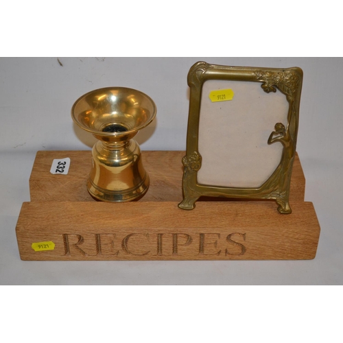 332 - COOKERY BOOK HOLDER, BRASS PHOTOGRAPH FRAME AND VASE