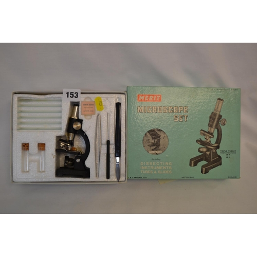 153 - MERIT CHILDS MICROSCOPE SETS INCLUDING 3 TURRET MICROSCOPE, DISSECTING KIT, SLIDES AND TUBES