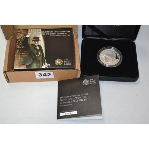 342 - 2015 ROYAL MINT 50TH ANNIVERSARY OF THE DEATH OF SIR WINSTON CHURCHILL £5 COIN (925Ag) (28.28g)