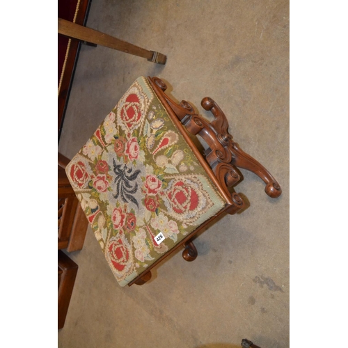 426 - VICTORIAN CARVED MAHOGANY DRESSING TABLE STOOL WITH TAPESTRY, BEAD WORK TOP ON SCROLL SUPPORTS