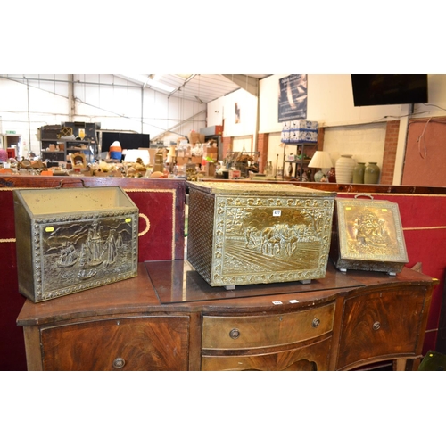 427 - EMBOSSED BRASS LOG BOX, EMBOSSED BRASS COAL BOX AND EMBOSSED BRASS MAGAZINE RACK