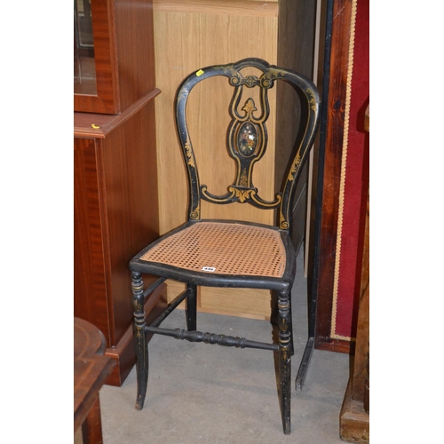 446 - VICTORIAN EBONISED CANE SEATED BEDROOM CHAIR WITH GILT AND MOTHER-OF-PEARL DECORATION