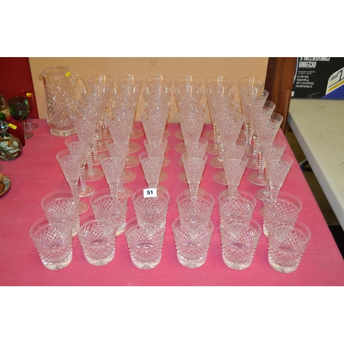 51 - SUPERB SUITE OF HOB NAIL CUT STUART CRYSTAL GLASSES COMPRISING 12 CHAMPAGNES, 12 WINES, 12 SHERRY, 1... 