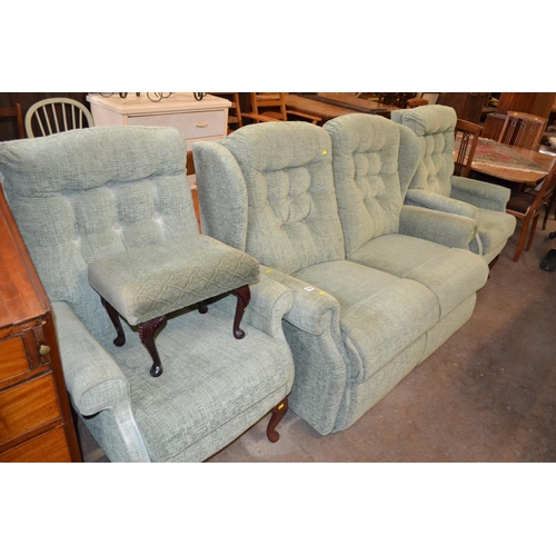 518 - MODERN 2 SEATER SETTEE, 2 ARMCHAIRS AND STOOL