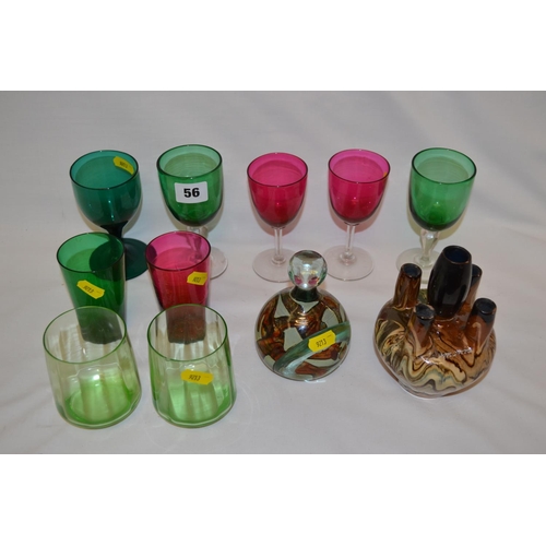 56 - 7 VARIOUS 19TH CENTURY COLOURED GLASSES, MDINA PAPERWEIGHTS (A/F) SLIPWARE VASE (A/F)