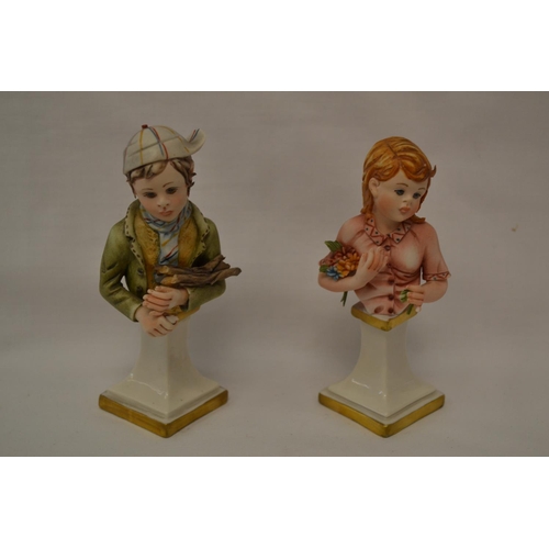 57 - PAIR OF CAPODIMONTE BOY AND GIRL BUSTS ON PEDESTALS SIGNED MARIA AUGELA 84/B & 84/C (13CM) (GIRL WIT... 