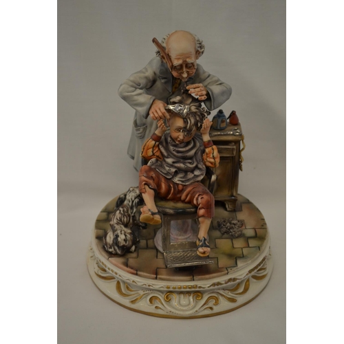 61 - CAPODIMONTE PORCELAIN FIGURE OF BARBER CUTTING BOYS HAIR