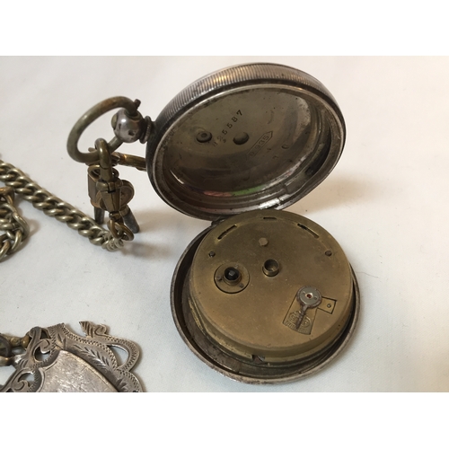 315 - WATCH ALBERT WITH 3 WATCH KEYS, SILVER FOB AND POCKET WATCH (A/F)