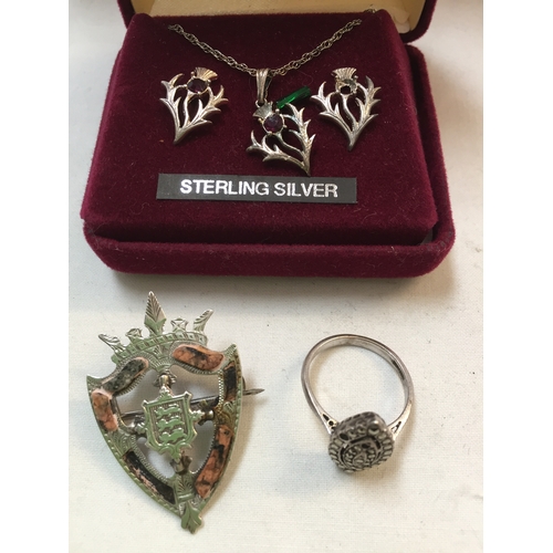 322 - STERLING SILVER THISTLE PENDANT, CHAIN AND MATCHING EARRINGS, SCOTTISH SHIELD AND CROWN BROOCH AND M... 