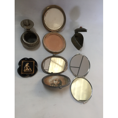 323 - LADIES MOTHER-OF-PEARL VANITY COMPACT MIRROR, METAL VANITY COMPACT, 2 BOXES AND BROOCH