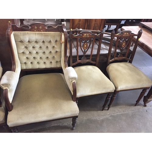 560 - LATE VICTORIAN INLAID ROSEWOOD SALON SUITE COMPRISING 2 SEATER SETTEE, 2 ARMCHAIRS, 4 DINING CHAIRS ... 