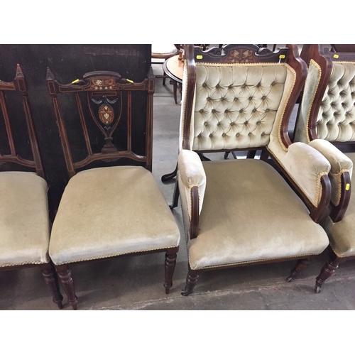 560 - LATE VICTORIAN INLAID ROSEWOOD SALON SUITE COMPRISING 2 SEATER SETTEE, 2 ARMCHAIRS, 4 DINING CHAIRS ... 