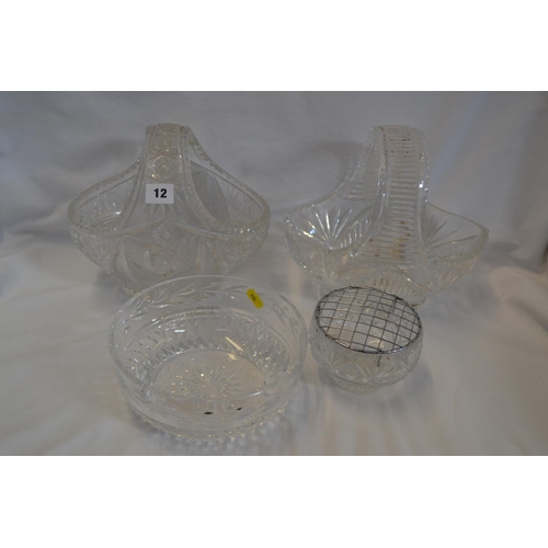 12 - TWO CUT GLASS FRUIT BASKETS, CUT GLASS FRUIT BOWL AND ROSE BOWL