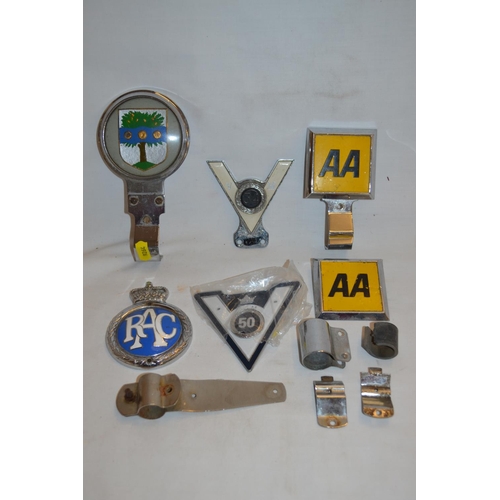 203 - 2 AA CAR BADGES, 1 RAC BADGE, ETC