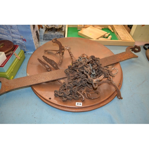 212 - LARGE 19TH CENTURY MERCHANTS STEEL BALANCE SCALES WITH LARGE COPPER PANS (EACH 61CM DIAMETER)