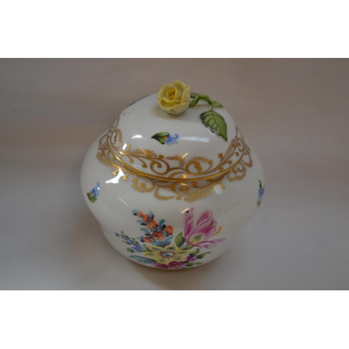 35 - HEREND PORCELAIN LIDDED JAR DECORATED FLOWERS WITH GILDED BORDERS AND APPLIED ROSE FINIALS