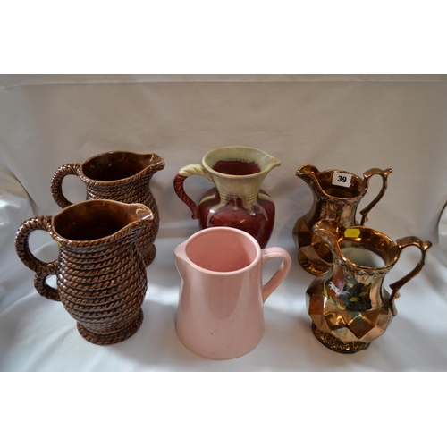 39 - PAIR OF ROPE TWIST MAJOLICA JUGS, PAIR OF 19TH CENTURY COPPER LUSTRE JUGS AND 2 OTHERS