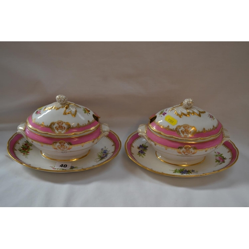 40 - PAIR OF 19TH CENTURY OVAL SAUCE TUREENS, PINK BANDED HAND PAINTED FLOWERS WITH GOLD MONOGRAMS, SHAPE... 