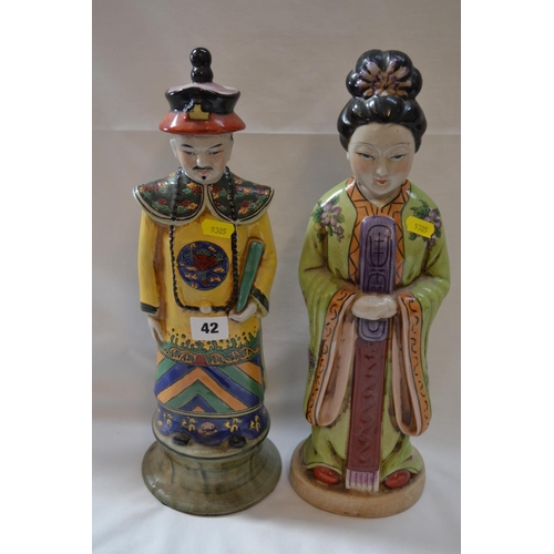 42 - PAIR OF HAND PAINTED CHINESE CERAMIC FIGURES OF NOBLEMAN AND WOMAN (38CM)