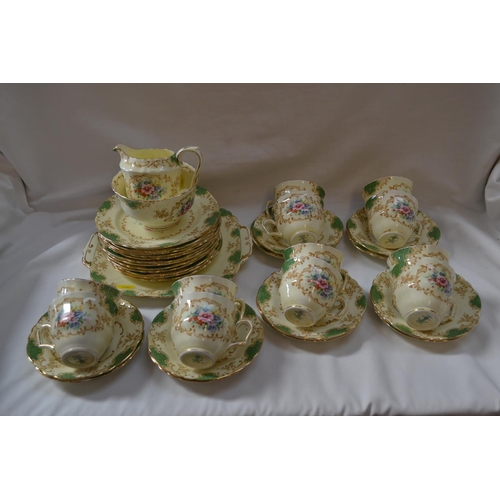 43 - VINTAGE CROWN STAFFORDSHIRE BONE CHINA GREEN FLORAL TEA SERVICE (39 PIECES) (1 SAUCER A/F)