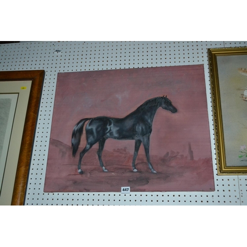 PAINTING OF BLACK STALLION IN BURGUNDY BACKGROUND 60CM X 50CM