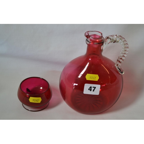 47 - 19TH CENTURY CRANBERRY GLASS FLASK AND DISH