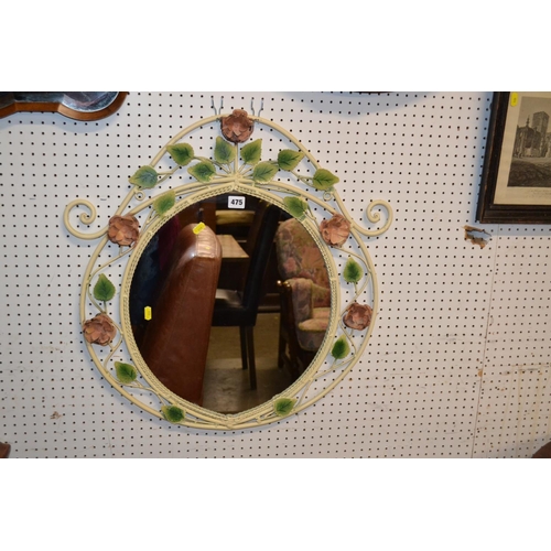 475 - MODERN CIRCULAR WROUGHT IRON FRAMED WALL MIRROR WITH LEAVES AND FLOWERS