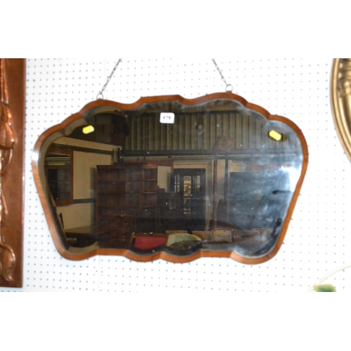 476 - VINTAGE SHAPED BEVELLED WALL MIRROR IN OAK FRAME