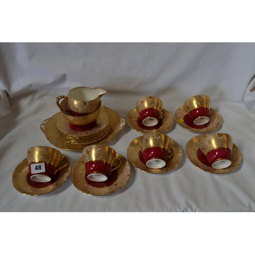 48 - SHELLEY BONE CHINA, RUBY AND GOLD FLORAL TEA SERVICE (21 PIECES)