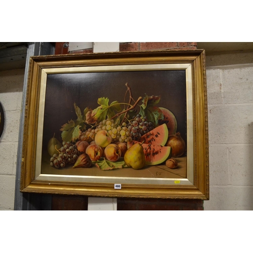 480 - STILL LIFE OILEOGRAPH OF FRUIT IN GILT FRAME