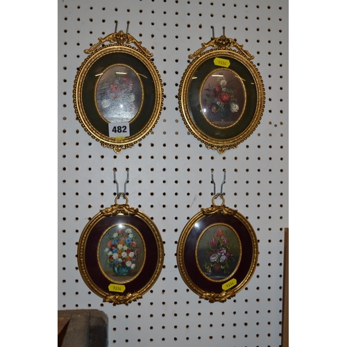 482 - 2 PAIRS OF OVAL MINIATURE PAINTINGS OF FLOWERS IN GILT FRAMES