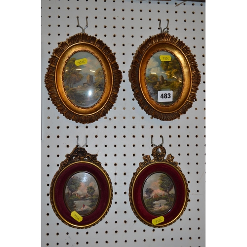 483 - 2 PAIRS OF OVAL MINIATURE LANDSCAPES IN GILT FRAMES