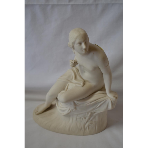 60 - PARIAN SCULPTURE OF NAKED GIRL SEATED ON CUSHIONED PEDESTAL SIGNED MARSHALL