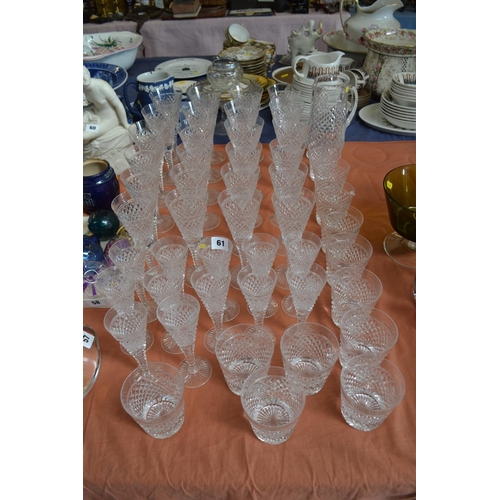 61 - SUPERB SUITE OF HOB NAIL CUT STUART CRYSTAL GLASSES COMPRISING 12 CHAMPAGNES, 12 WINES, 12 SHERRY, 1... 